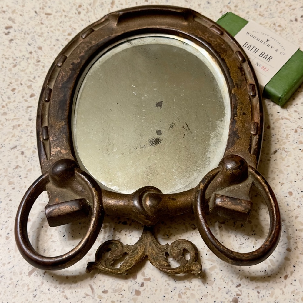 Early 1900s Antique Brass Horseshoe Menโs Standing Shaving Mirror Rare Find!